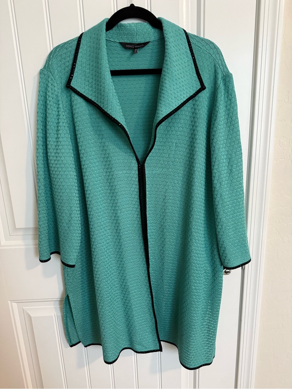 Ming Wang Teal Jacket with 3/4 sleeves and Black Trim, size 2X